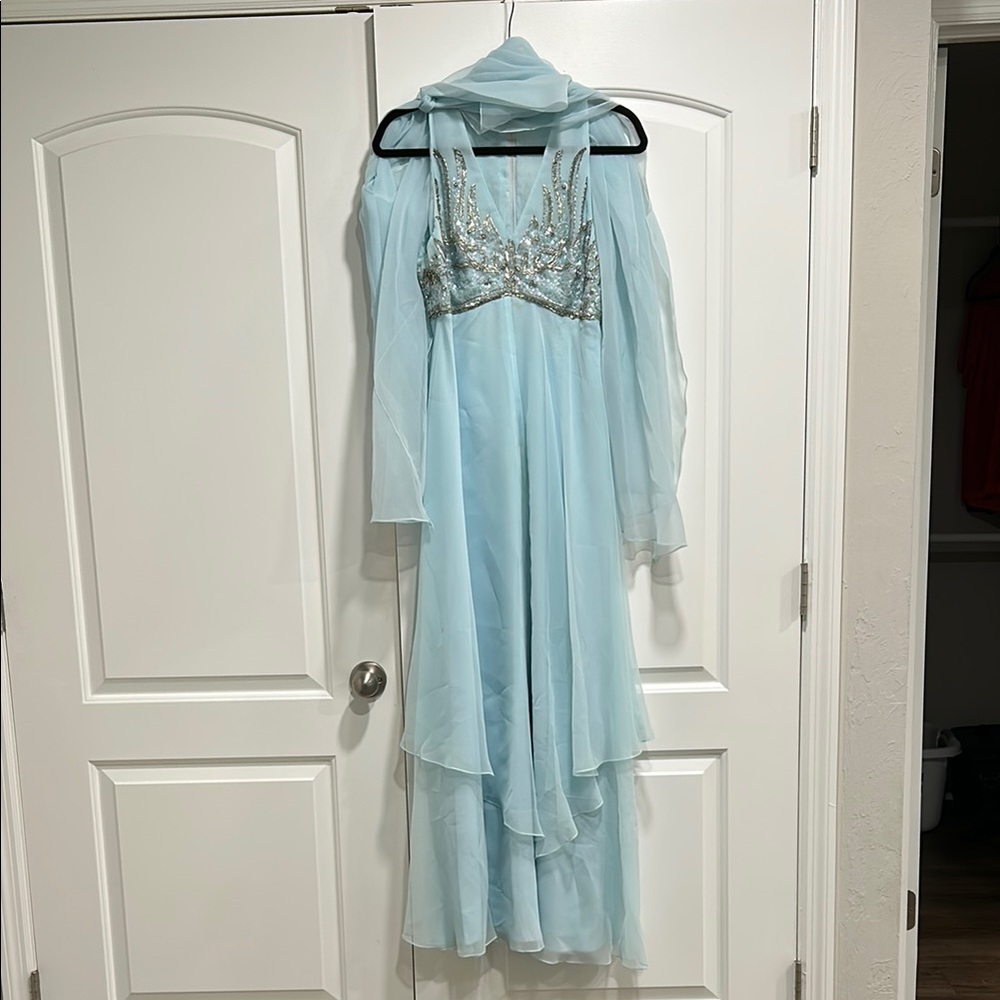 JACK BRYAN Light Blue Chiffon Formal Gown & Cape w/Silver Beading Embellishments